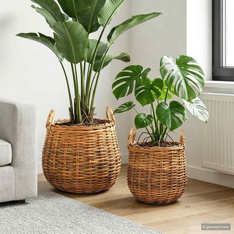 vidaXL Cestino per piante 2 pz Marrone Naturale Rattan Kubu (1/5)