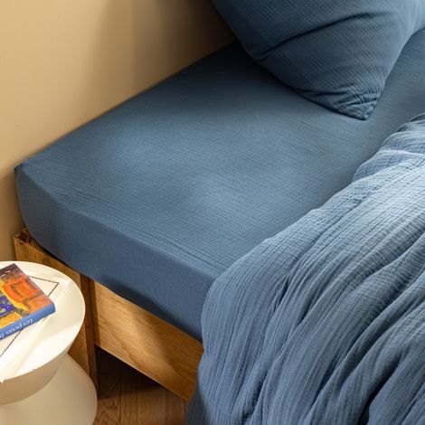 Drap housse 90x190 gaze de coton bleu Terre de Nuit JUNE - JUNE (1/2)