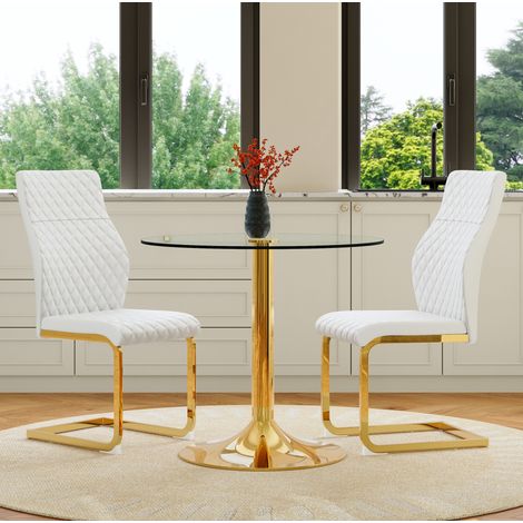 Conjunto mesa y sillas redonda de vidrio templado 85 cm, 2 plazas, blanco y dorado HAVRYA (1/5)