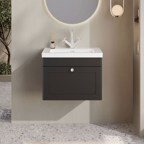 Nuie Classique Wall Hung 1-Drawer Vanity Unit with 1TH Thin-Edge Basin 600mm Wide - Satin Anthracite (1/5)