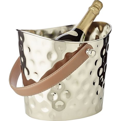 Seau à glace rafraîchisseur de vin martelé en inox nickelé avec poignée en cuir marron, H 23 cm - PANGIVO (1/3)