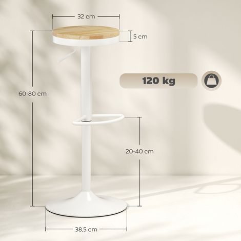 Set di 2 sgabelli da cucina alti con altezza regolabile, seduta in legno, struttura in acciaio e poggiapiedi, colore naturale e bianco.
