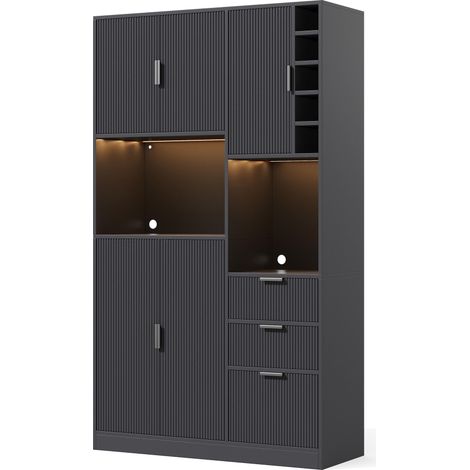 CAIziBuffet de cuisine moderne haut, meuble de rangement et à vin avec étagères réglables, 3 tiroirs, casier à vin, éclairage LED à changement de couleur et prises, 180 × 105 × 40 cm.