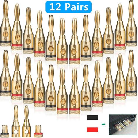 Lot de 24 fiches bananes mâles plaquées or 24 carats pour câble audio haut-parleur, bornier à vis (1/5)