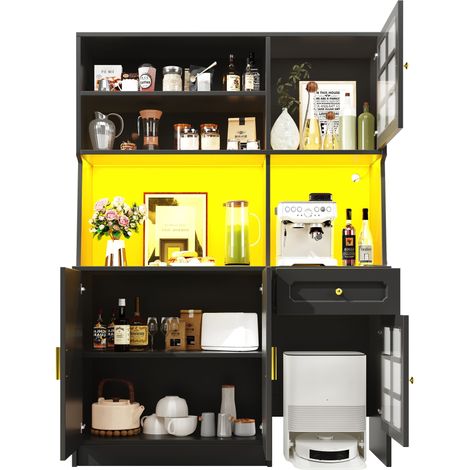 Armario de cocina alto con puertas de vidrio y LED, espacio para robot aspirador, para cocina, en MDF, negro, 130x45x180 cm (1/5)