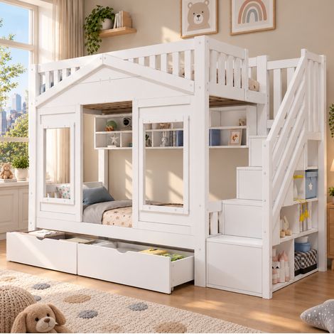 Letto a soppalco per bambini 90 x 200 cm con sponda, scala contenitore, bianco DESVIAE (1/5)