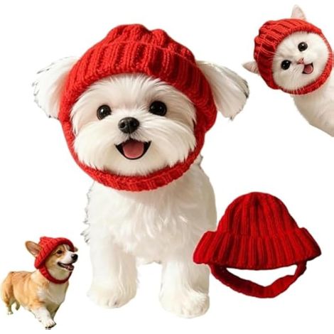 Bonnet tricoté rouge pour chien avec cache-oreilles, chapeau d'hiver chaud pour petits chiens et chats, bonnet tricoté doux et extensible pour temps froid, accessoire de Nol pour animaux de compagnie (1/5)