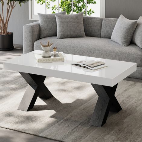 Tavolino rettangolare, tavolino da scrivania lucido, tavolino laterale moderno per divano con gambe a X, per soggiorno, balcone, camera da letto, studio, MDF, bianco + nero, 100x50x40 cm (1/5)