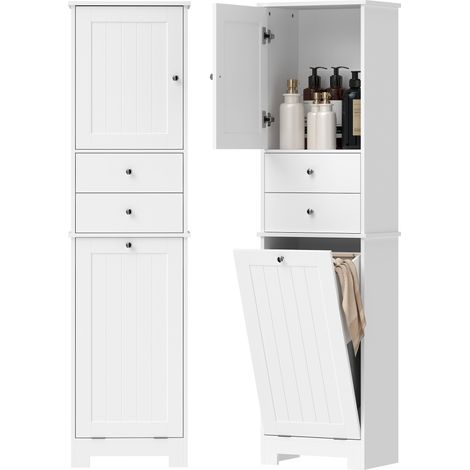 Mobile Bagno con Cesto per Biancheria Pieghevole, Armadietto e 2 Cassetti, in Legno, 45x30x171 cm, Bianco