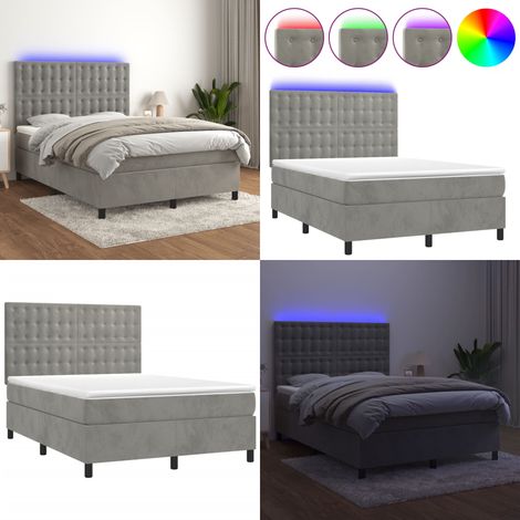 Cama box spring colchón y LED terciopelo gris claro 140x190 cm - Colchón con LED - Cama box spring