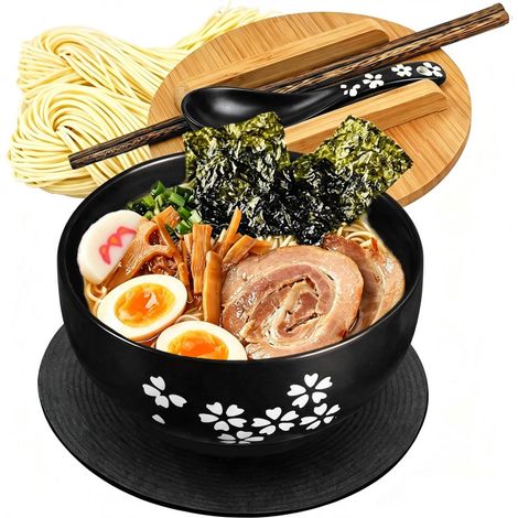 Ensemble de bols en céramique 1000 ml avec couvercle en bambou et soucoupe – Ensemble de vaisselle japonaise noir avec baguettes et cuillère à soupe – Grand bol à céréales, saladier, Pho (1/5)