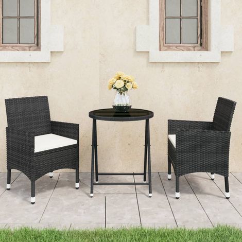 3-tlg. Bistro-Set Poly Rattan und Hartglas Schwarz (1/5)