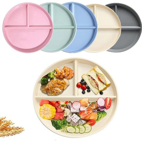 Ensemble de 5 assiettes résistantes avec séparateurs, coloris rose, bleu, vert, beige et gris. Pour enfants et adultes. Assiettes compartimentées, couverts légers et réutilisables… (1/5)