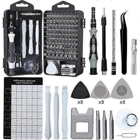 Ensemble de tournevis 122 en 1 avec tapis magnétique à mémoire de forme et outils de haute qualité pour la réparation d'appareils électroniques et électroménagers. (1/3)