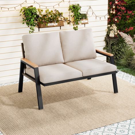 Canapé de jardin 2 places, Banquette d'extérieur pour balcon et terrasse, Structure acier galvanisé antirouille et accoudoirs WPC style industriel 121x76x84cm, Gris