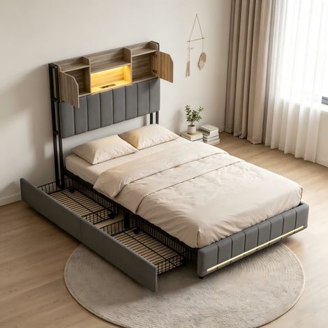 Lit coffre90x200, Lit simple pour Adultes avec 2 tiroirs, tête de lit coffre en lin et 2 Portes, Lit rembourré 1 Personne, avec LED et USB, lin, Gris, sans matelas (1/5)