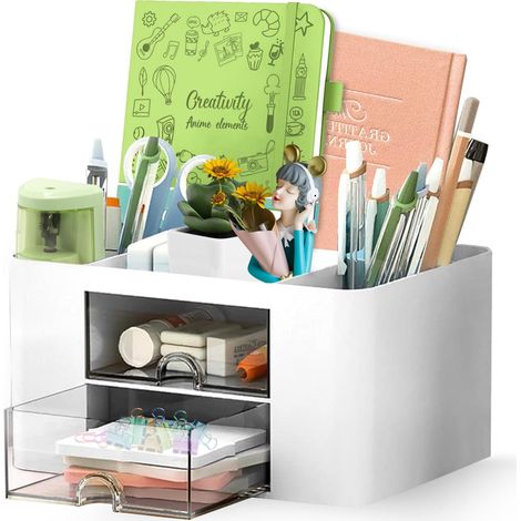 Organisateur de Bureau Multifonctionnel 5 Compartiments 2 Tiroirs Coulissants Plastique Boîte à Cosmétiques Rangement pour Maison (1/4)