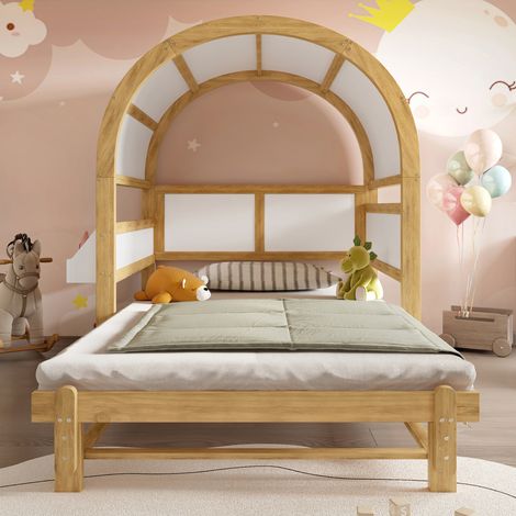 MEUBLIV Lit cabane enfant 140 x 200 cm extensible, avec tablette latérale, sommier à lattes, blanc en pin et MDF (1/5)