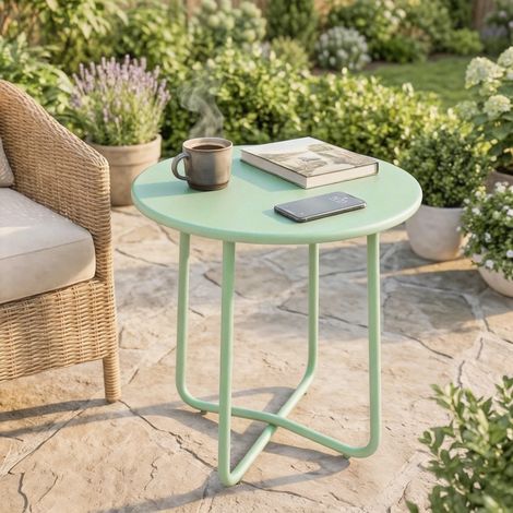 Mesa de centro de exterior con borde enrollado, base en forma de X con patas regulables en altura, para salón o patio, Ø48x51cm, verde