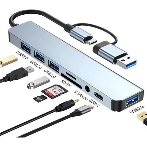 Hub USB-C 8-en-1 – HDMI 4K – Charge PD 100W – USB 3.0 – SD/TF – Ethernet RJ45 – Noir – MacBook et PC (1/5)