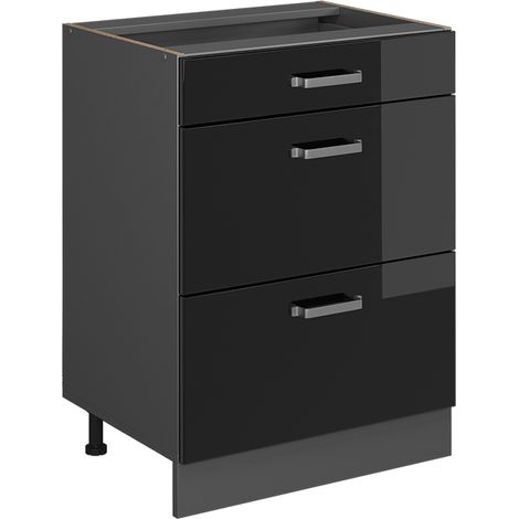 Meuble cuisine R-Line, Noir Haute brillance, 60 cm avec tiroirs, sans plan de travail, Vicco (1/5)