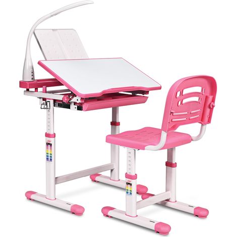 Bureau table et chaise réglables avec lampe LED 66 x 49,5 x 54-76 cm assise ergonomique moderne en mdf rose