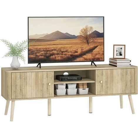 Meuble TV, meuble télé jusqu'à 65 pouces avec 2 portes, 2 compartiments ouverts, étagère réglable, 140x35x49cm, chêne (1/5)