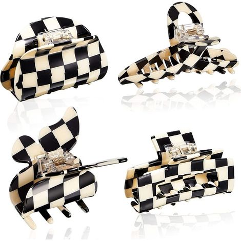 Juego 4 pinzas antideslizantes cuadros, rectangulares semicirculares, grandes para mujeres niñas, blanco y negro (especial) (1/5)