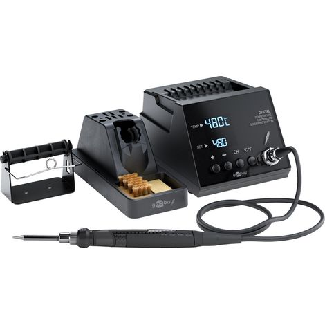 goobay Estación de soldadura digital 70W, 160–480°C, calienta en 8 segundos, pantalla LED, función de memoria, escalones de 1°C, para electrónica, modelismo y pirografía, incl. soldador y accesorios