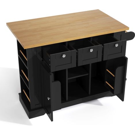 Isla de cocina móvil 132 cm con encimera abatible, MDF, 4 ruedas y enchufe (1/5)