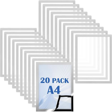 20 Pièces Porte Affiche A4 avec Cadre Magnetique Argenté Double Face, Cadre Photo Magnetique en PVC Transparent pour Documents, Bureau, École, Porte et Fenêtre (1/5)