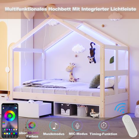 Lit en bois 90×190 cm, avec tiroirs et petit meuble à chaussures, éclairage LED multicolore, sommier à lattes, lit simple, lit pour adolescent, couleur bois (1/5)