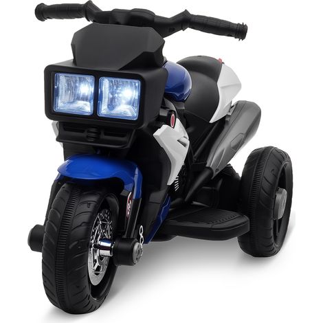Moto électrique bleue avec lumières, klaxon, musique et pneus larges, vitesse 3 km/h, design enfant dynamique pour extérieur pratique et ludique