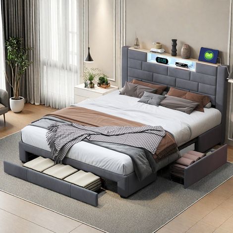 Lit coffre adulte 140 x 200 - Lit double gris avec 3 tiroirs - Tête de lit rembourrée avec espace de rangement - Ports USB et Type-C - Bande LED - Velour (1/5)