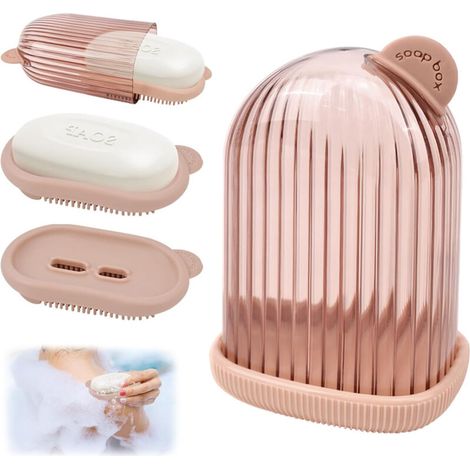 Travel soap box, clear plastic soap box with drip tray, soap box for solid shampoo, travel soap holder (pink)