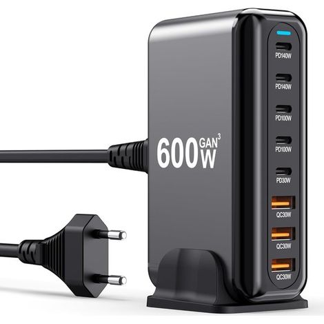 Bloque de cargador USB C de 600 W，estación de carga rápida GaN de 8 puertos，iPhone 17 Pro Max，Galaxy S25，adaptador USB C de 140 W para Android