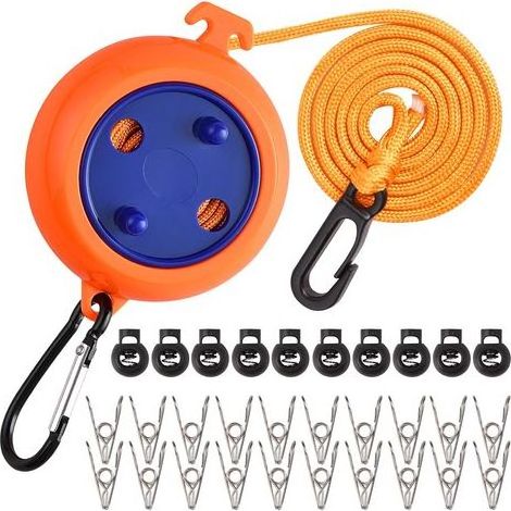 10m Corde a Linge Retractable, Corde a Linge Camping avec 10 Boucles Fixes et 20 Pinces à Linge, Fil Linge Retractable Portable, Corde à Linge Rétractable pour Intérieur/Extérieur Camping Voyage