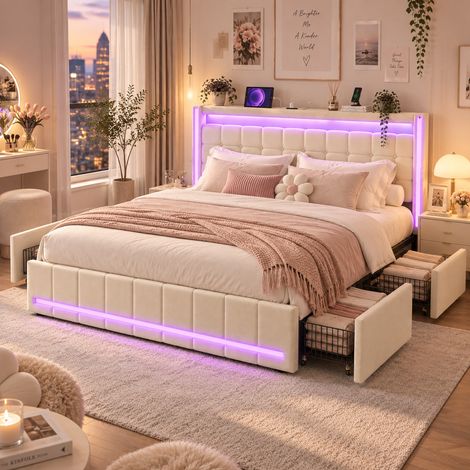 lit 180 x 200 cm avec sommier, lit double rembourré 180 x 200, avec 4 tiroirs,tête de lit capitonné avec LED et USB, style scandinave, lin, beige,