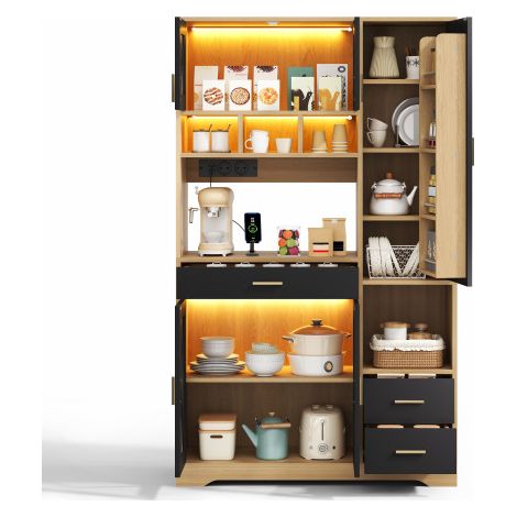 Armoire haute de cuisine style ferme vintage  Vitrine de rangement avec étagères réglables éclairage LED à couleur changeante et prise intégrée 185 × 105 × 40 cm