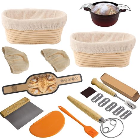 Lot de 8 outils pour faire du pain au levain – 2 paniers de fermentation ovales de 25 cm, plateau en silicone, fouet danois, grattoir, pinceau (1/5)