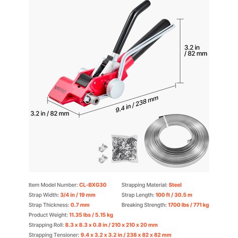 VEVOR Steel Banding Strapping Kit, Heavy Duty Banding Sealer Tool with 30.5 m Binding Straps, 100 Metal Clasps, Manual Pallet Packaging Strapping Kit for Warehouse, Transportation, Industrial Bundling (1/4)