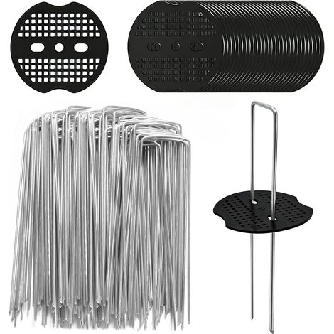 Lot de 60 crochets anti-mauvaises herbes galvanisés en forme de U pour jardin  Lot de 60 piquets de sol + 60 disques tampon (150 x 40 mm, Ø 2,5 mm), crochets pour paillis de gazon artificiel, camping (1/5)