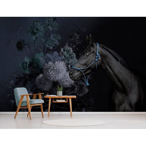 Papier peint panoramique cheval noir & bleu | Tapisserie panoramique animaux chambre fille | Papier peint panoramique fleuri fond noir moderne - 270 x 400 cm (4 pièces) (1/5)