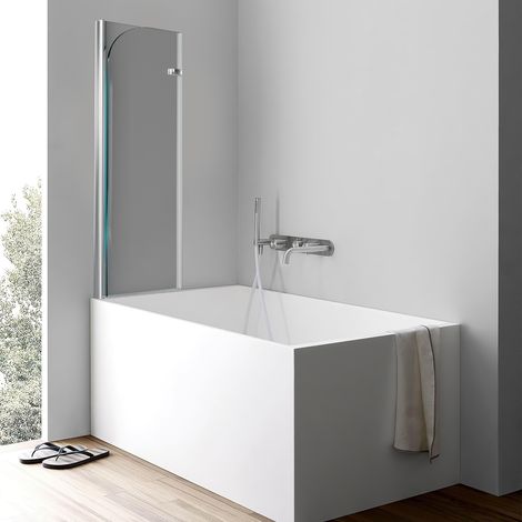 Jiubiaz Paroi anti-éclaboussures pour baignoire 100 x 140 cm, 2 panneaux pliants, verre transparent, alu argenté (1/5)