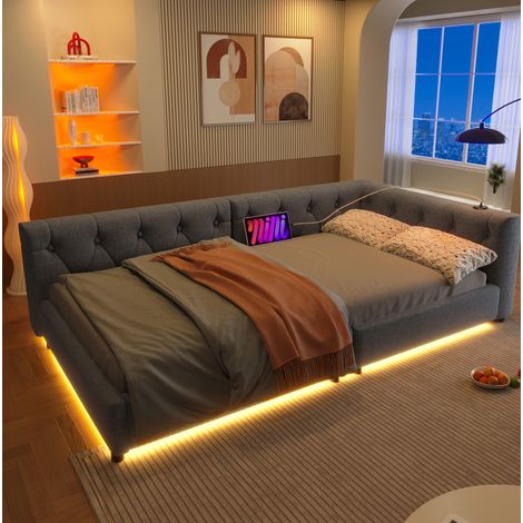 Cama individual tapizada con USB y LED gris 90x200 OKMYHOME (1/5)