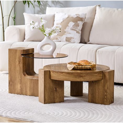 Tavolino da caffè rotondo MDF effetto legno e vetro marrone, set 2 in 1 Ø 61 cm (1/5)
