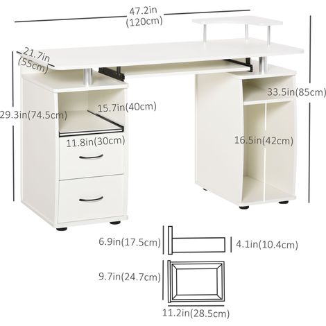 Bureau d'ordinateur blanc avec support pour clavier et tiroirs, poste de travail pour bureau à domicile, organisation de bureau (1/5)