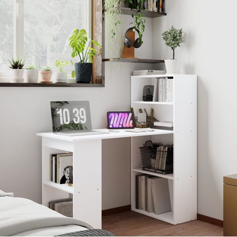 Escritorio 120x55x120 cm, diseño moderno, 4 estantes, 2 compartimentos abiertos, tablero contrachapado blanco (1/5)