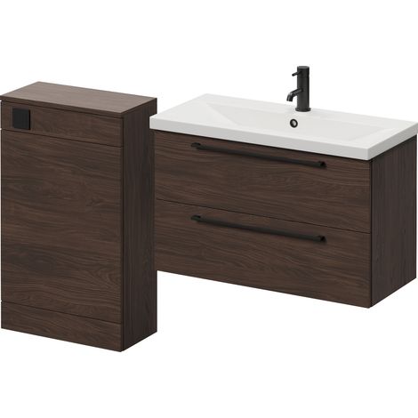 Napoli 390 Brown Oak 1300mm Wall Mounted 2 Drawer Vanity Unit and Toilet Suite with Glide Basin - 1300mm - Matt Black 480mm HandleWithout Kingston Toilet Pan