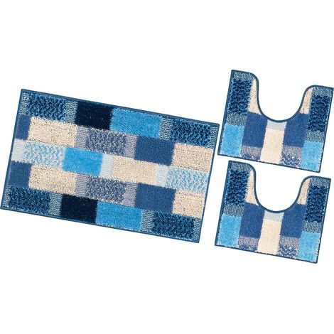Tappeto Bagno Set 3 Pezzi Moderno Soffice Antiscivolo Assorbente Doccia 100% Made In Italy - Blu